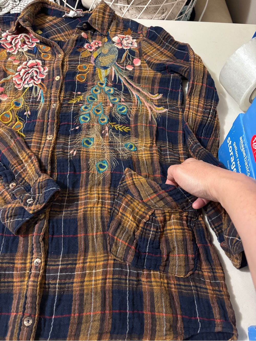 Johnny Was Quito Painters Smock Size Small Tunic Plaid Floral Peacock Gauze Soft - Picture 8 of 11